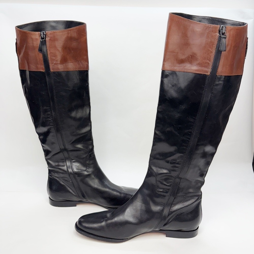 Womens Two Tone Black and Brown Leather Tall Riding Boots Side Zip Low Heel - Picture 8 of 12